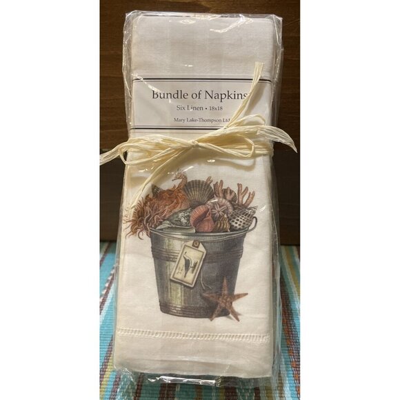Mary Lake Thompson Linen Seashell Bucket Napkins Set Of‎ 6 NEW 18 X 18 Beach - Picture 1 of 2